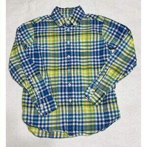 Lands End Kids Small 8 Plaid Long Sleeve Button-Up Shirt S Cotton Blue Yellow